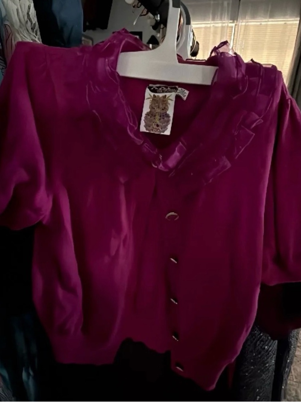 Ruffled V-Neck Button Cardigan in Fuchsia